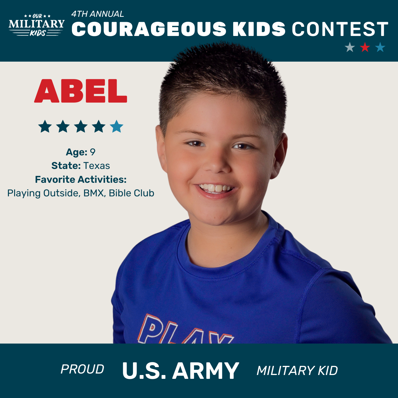Abel, Courageous Kids Contest U.S. Army Winner