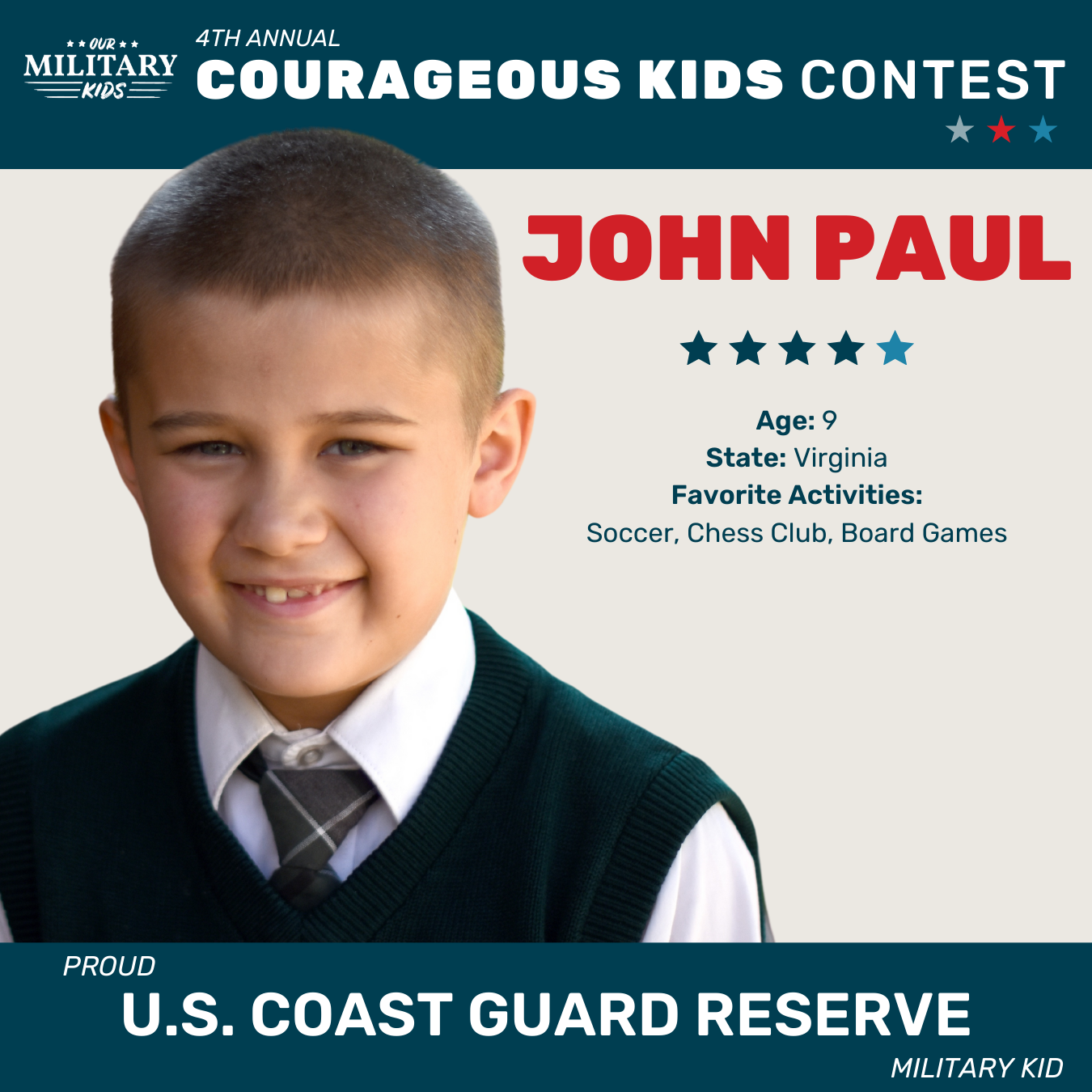 John Paul, Courageous Kids Contest U.S. Coast Guard Resrve Winner