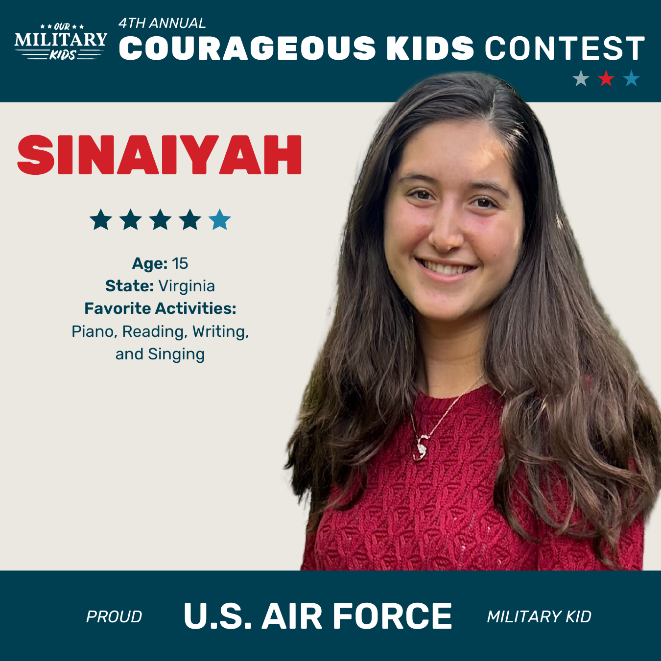 Sinaiyah, Courageous Kids Contest U.S. Air Force Winner